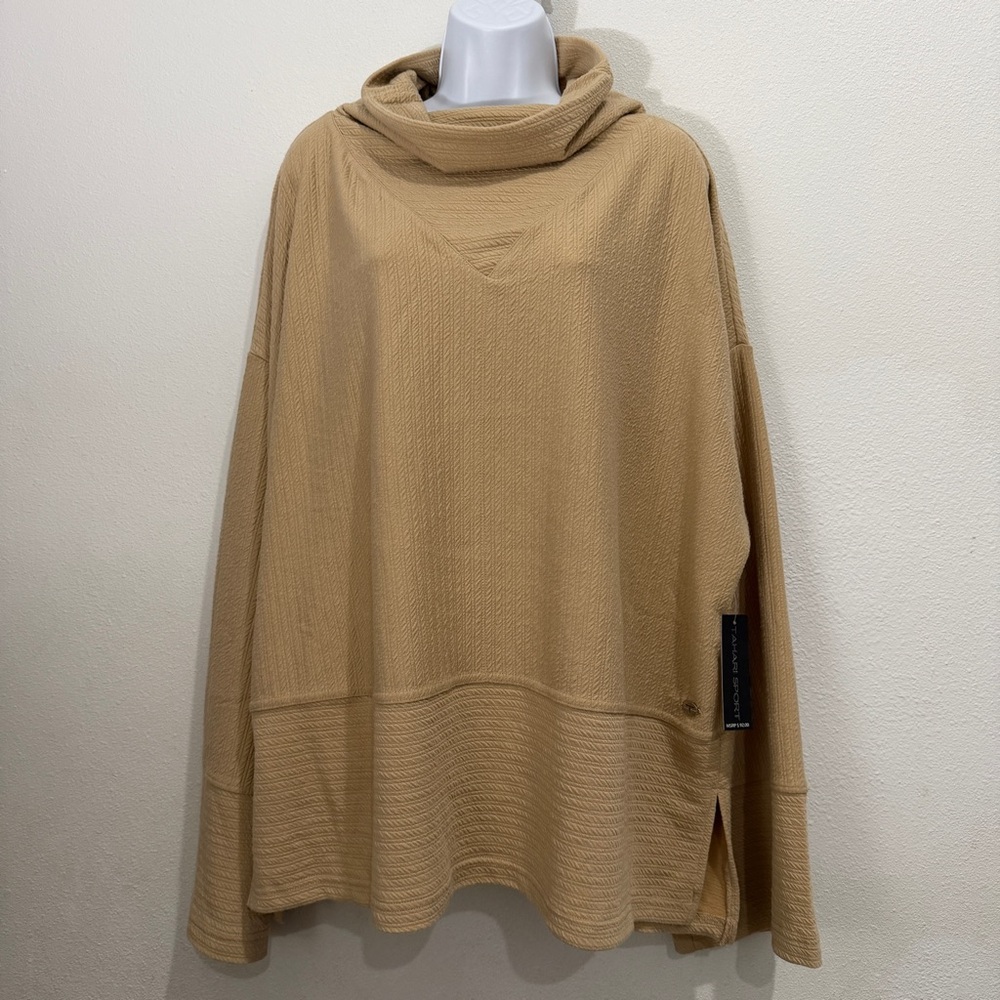 NEW Tahari Sport Womens 3X Funnel Neck‎ Textured Pullover Top Camel Tan